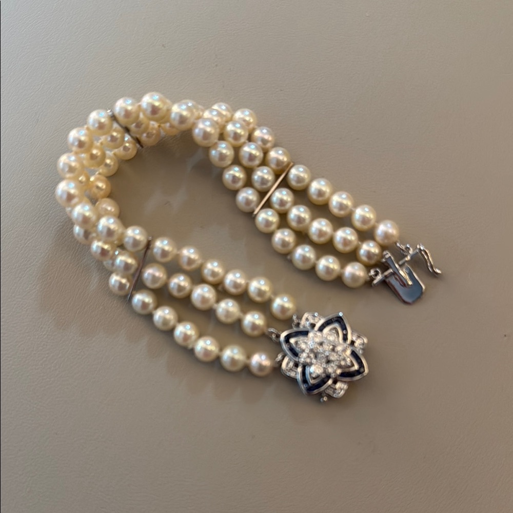 Pearl Multi-Strand Bracelet with diamond & sapphire clasp